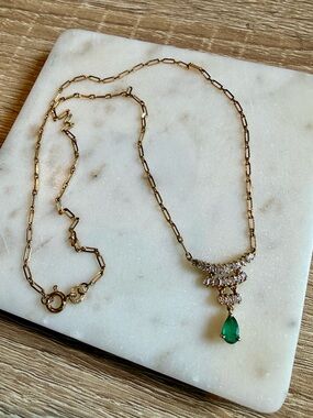 Vintage 18K Yellow Gold Pear Emerald with Accent Diamonds